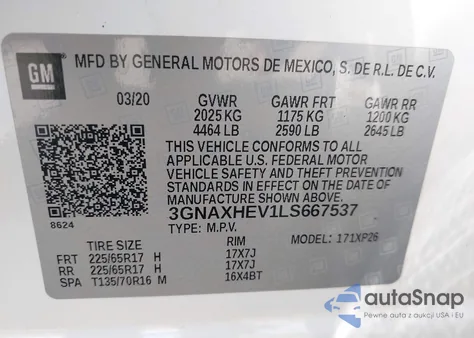 2020 Chevrolet Equinox Fwd Ls из США, поврежденный, VIN 3GNAXHEV1LS667537